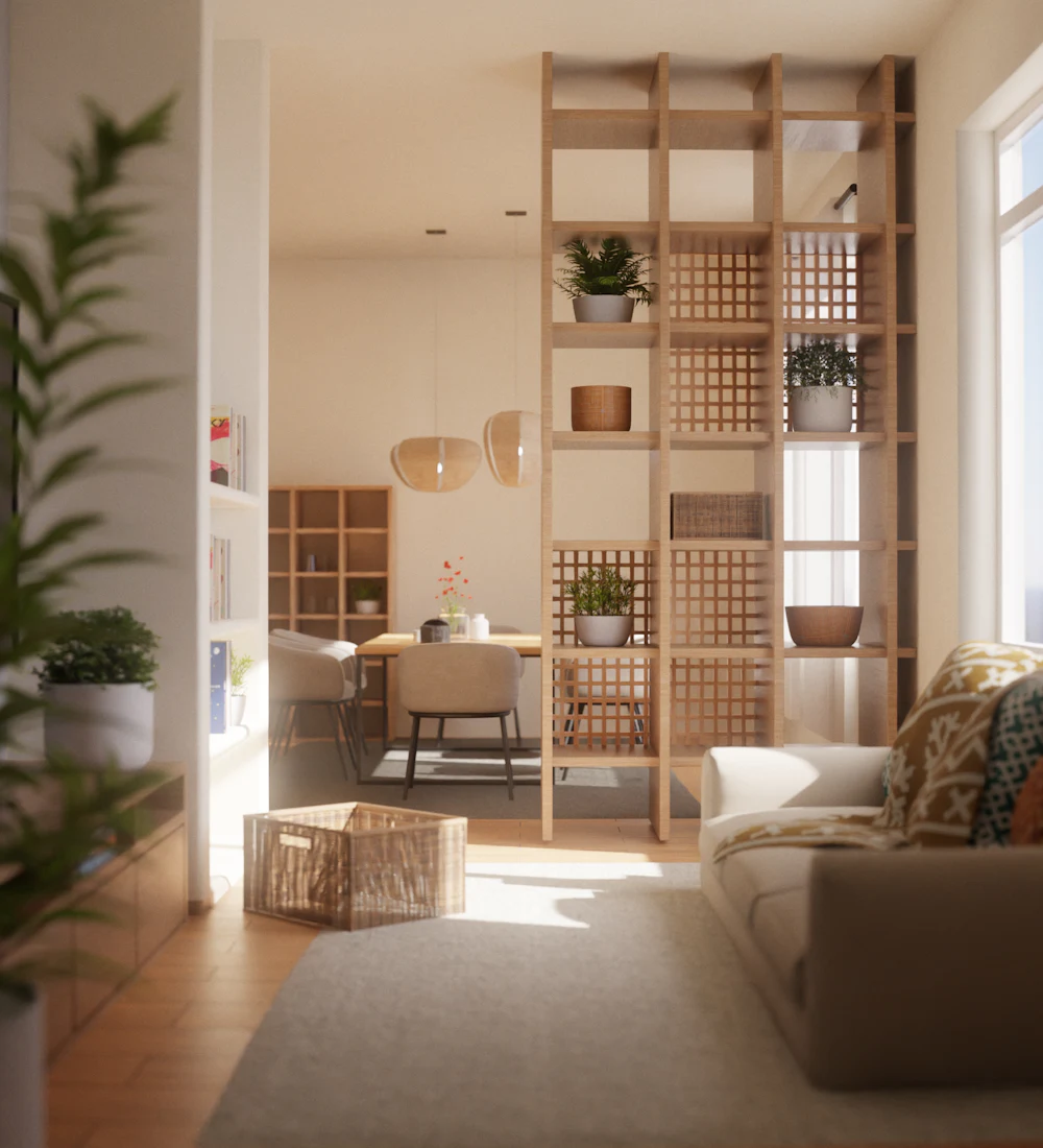 Lichte woonkamer met houten wandkasten